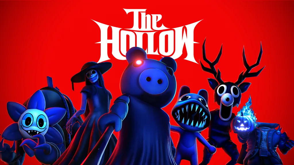 Official The Hollow key art with blue horror characters on a red field and the white event wordmark.
